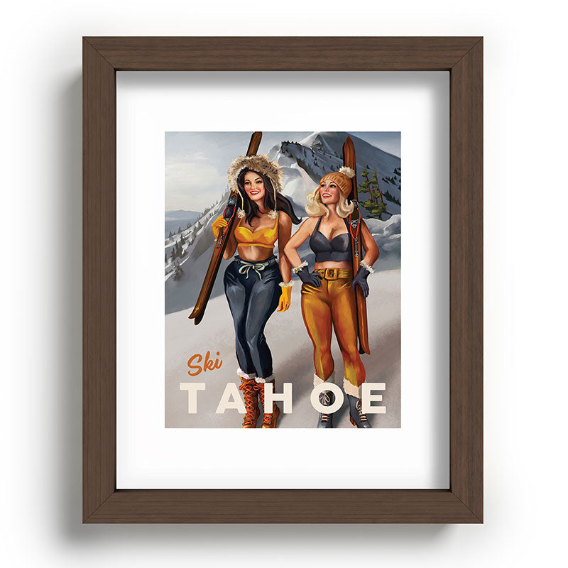 "Ski Tahoe" Cute Pinup Girls Skiing Wall Art Framed Art Print