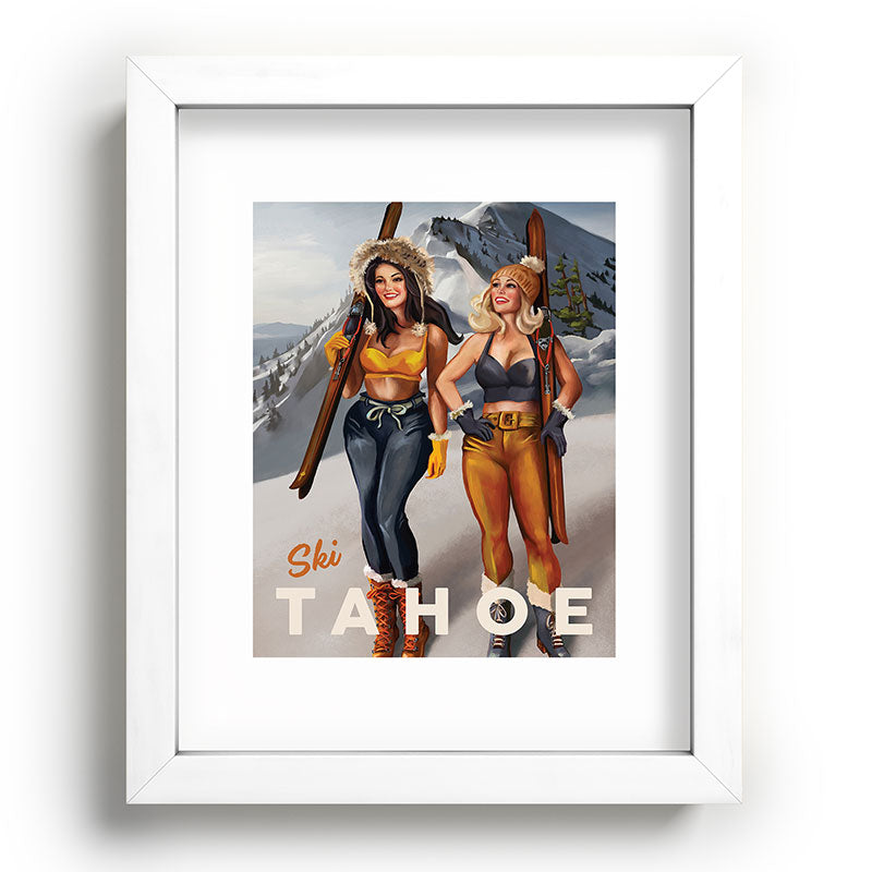 "Ski Tahoe" Cute Pinup Girls Skiing Wall Art Framed Art Print