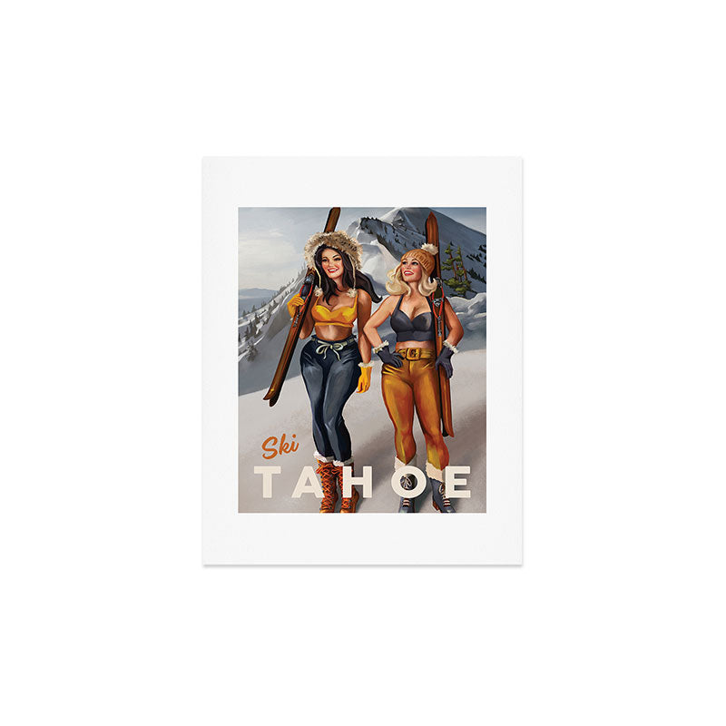 "Ski Tahoe" Cute Pinup Girls Skiing Wall Art Art Print