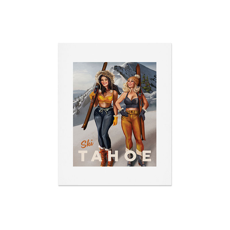 "Ski Tahoe" Cute Pinup Girls Skiing Wall Art Art Print