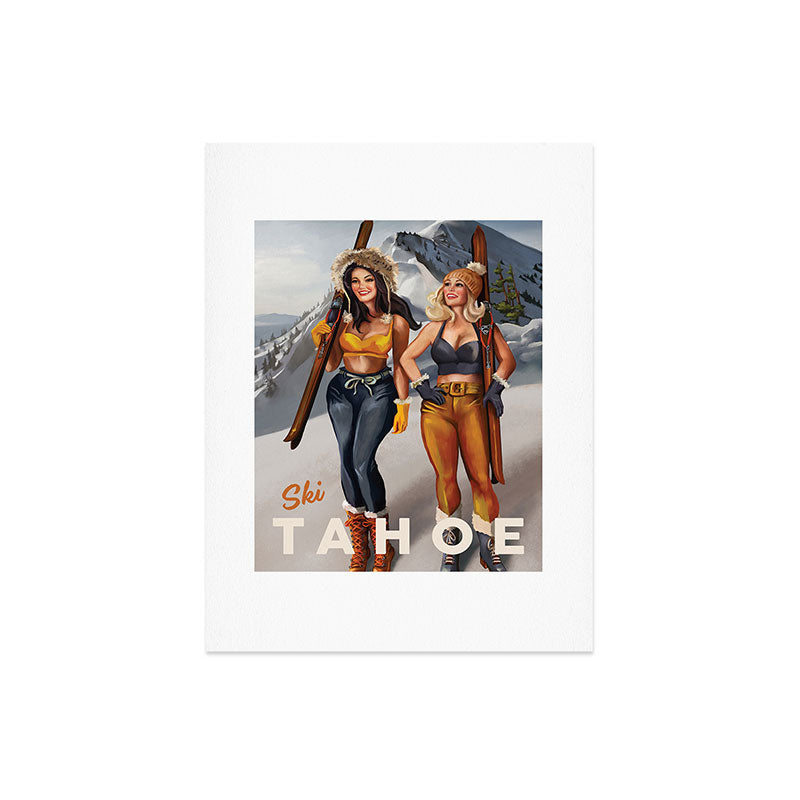 "Ski Tahoe" Cute Pinup Girls Skiing Wall Art Art Print