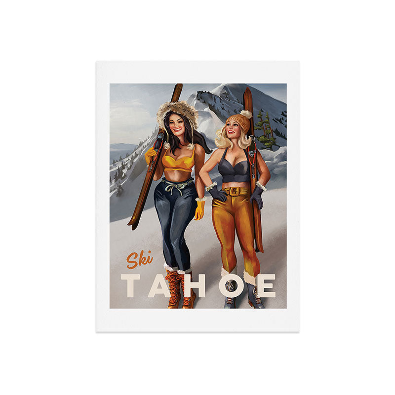"Ski Tahoe" Cute Pinup Girls Skiing Wall Art Art Print