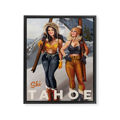 "Ski Tahoe" Cute Pinup Girls Skiing Wall Art Framed Canvas Print