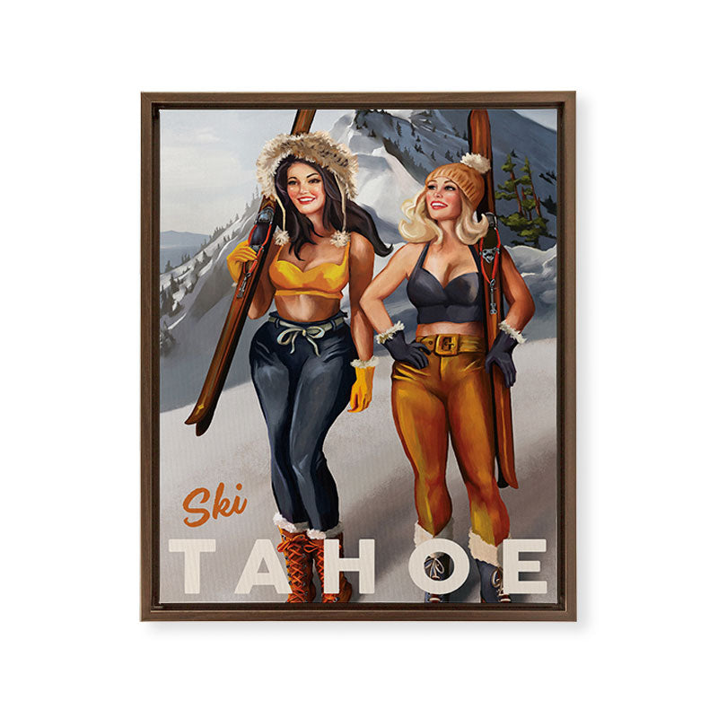 "Ski Tahoe" Cute Pinup Girls Skiing Wall Art Framed Canvas Print