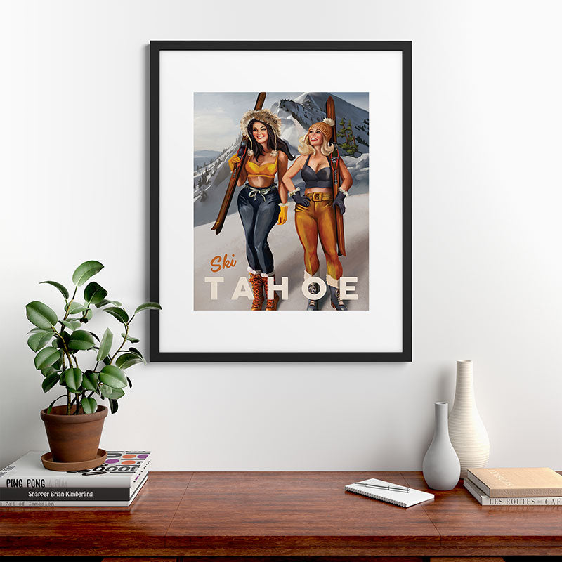 "Ski Tahoe" Cute Pinup Girls Skiing Wall Art Framed Art Print