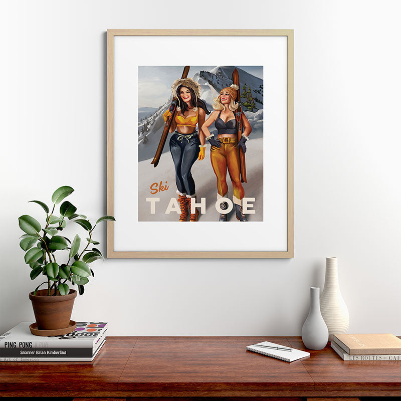 "Ski Tahoe" Cute Pinup Girls Skiing Wall Art Framed Art Print