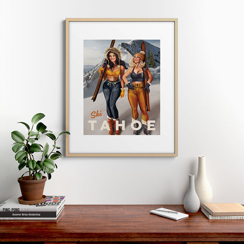 "Ski Tahoe" Cute Pinup Girls Skiing Wall Art Framed Art Print