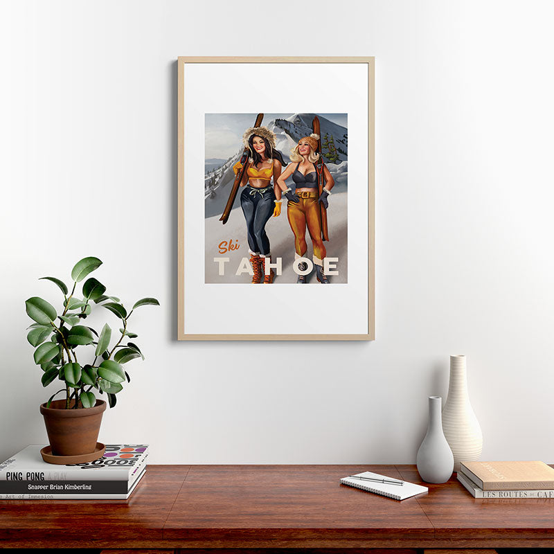 "Ski Tahoe" Cute Pinup Girls Skiing Wall Art Framed Art Print