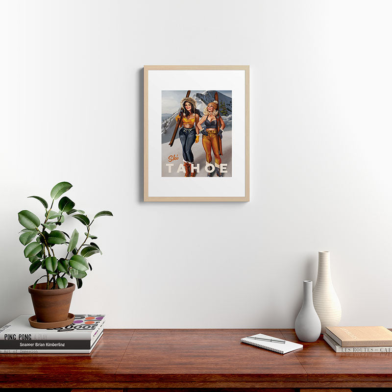 "Ski Tahoe" Cute Pinup Girls Skiing Wall Art Framed Art Print
