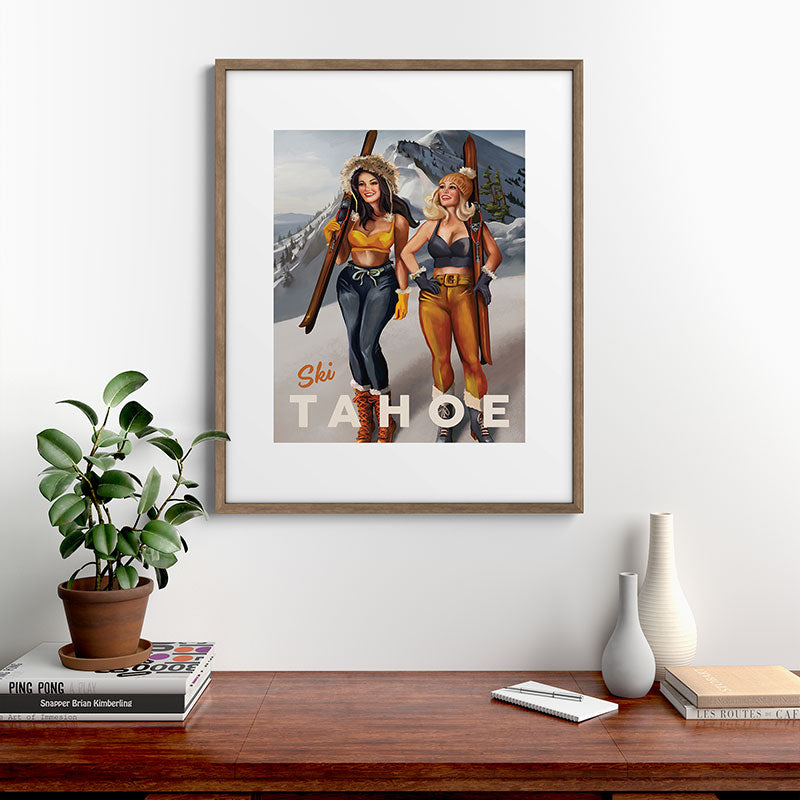 "Ski Tahoe" Cute Pinup Girls Skiing Wall Art Framed Art Print