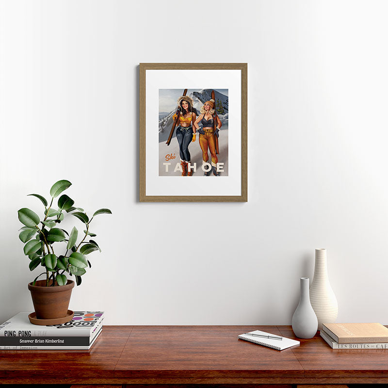 "Ski Tahoe" Cute Pinup Girls Skiing Wall Art Framed Art Print