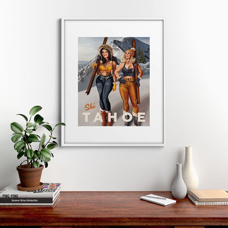 "Ski Tahoe" Cute Pinup Girls Skiing Wall Art Framed Art Print