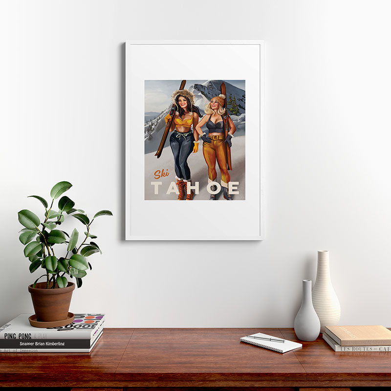 "Ski Tahoe" Cute Pinup Girls Skiing Wall Art Framed Art Print