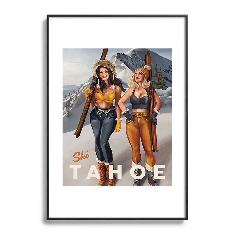 "Ski Tahoe" Cute Pinup Girls Skiing Wall Art Framed Art Print
