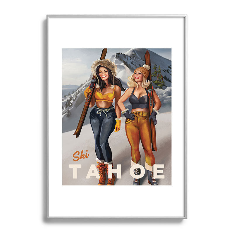 "Ski Tahoe" Cute Pinup Girls Skiing Wall Art Framed Art Print