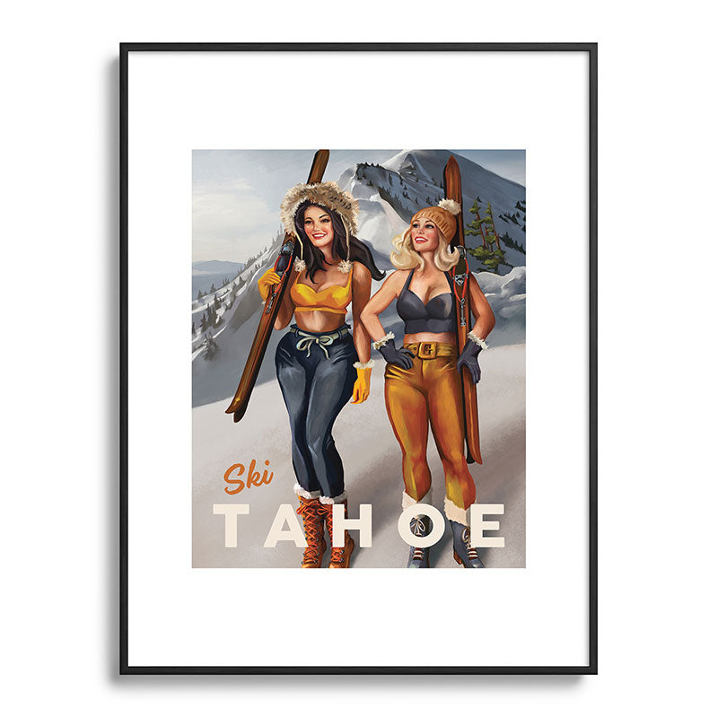 "Ski Tahoe" Cute Pinup Girls Skiing Wall Art Framed Art Print