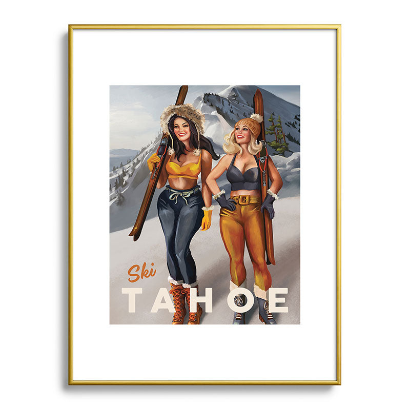 "Ski Tahoe" Cute Pinup Girls Skiing Wall Art Framed Art Print