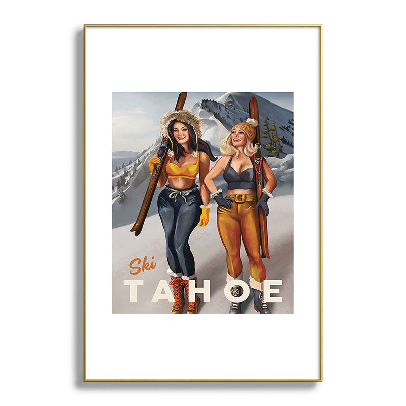 "Ski Tahoe" Cute Pinup Girls Skiing Wall Art Framed Art Print