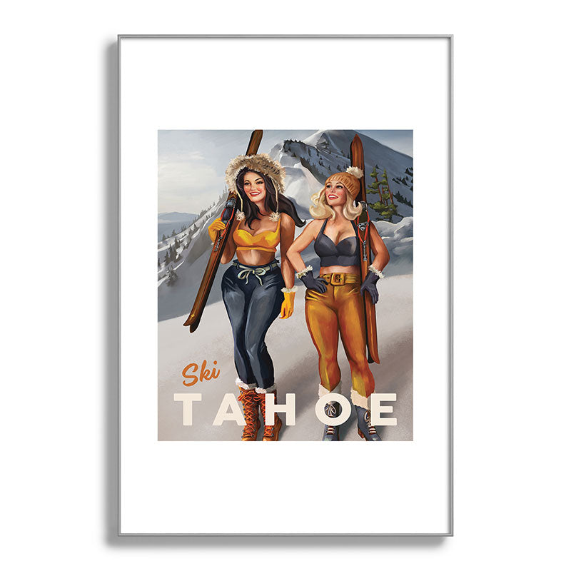 "Ski Tahoe" Cute Pinup Girls Skiing Wall Art Framed Art Print
