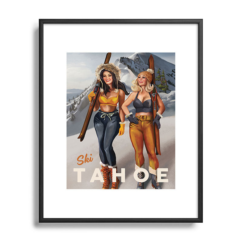"Ski Tahoe" Cute Pinup Girls Skiing Wall Art Framed Art Print