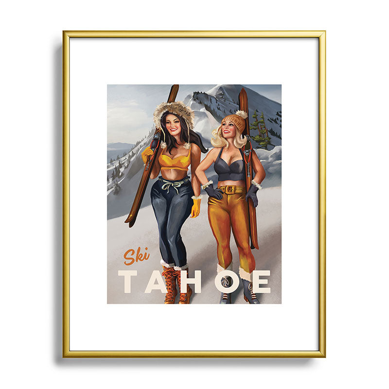 "Ski Tahoe" Cute Pinup Girls Skiing Wall Art Framed Art Print