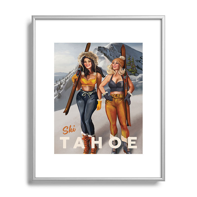 "Ski Tahoe" Cute Pinup Girls Skiing Wall Art Framed Art Print