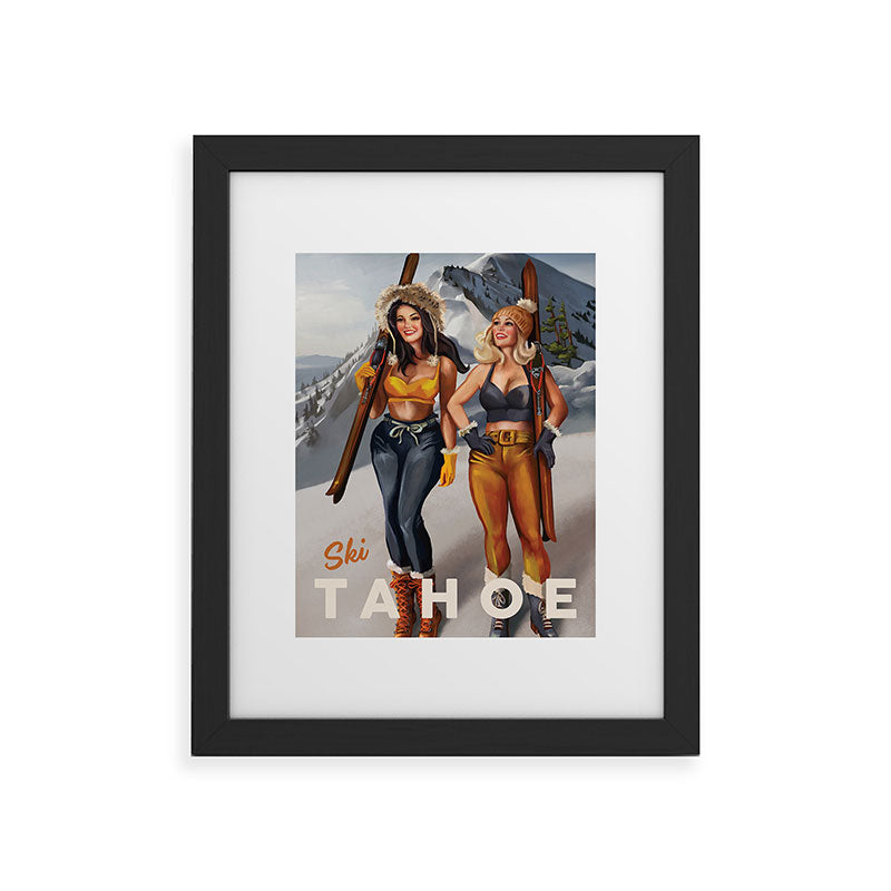 "Ski Tahoe" Cute Pinup Girls Skiing Wall Art Framed Art Print