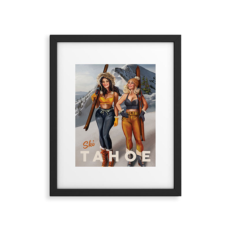 "Ski Tahoe" Cute Pinup Girls Skiing Wall Art Framed Art Print