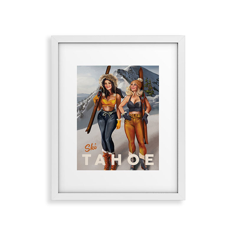 "Ski Tahoe" Cute Pinup Girls Skiing Wall Art Framed Art Print