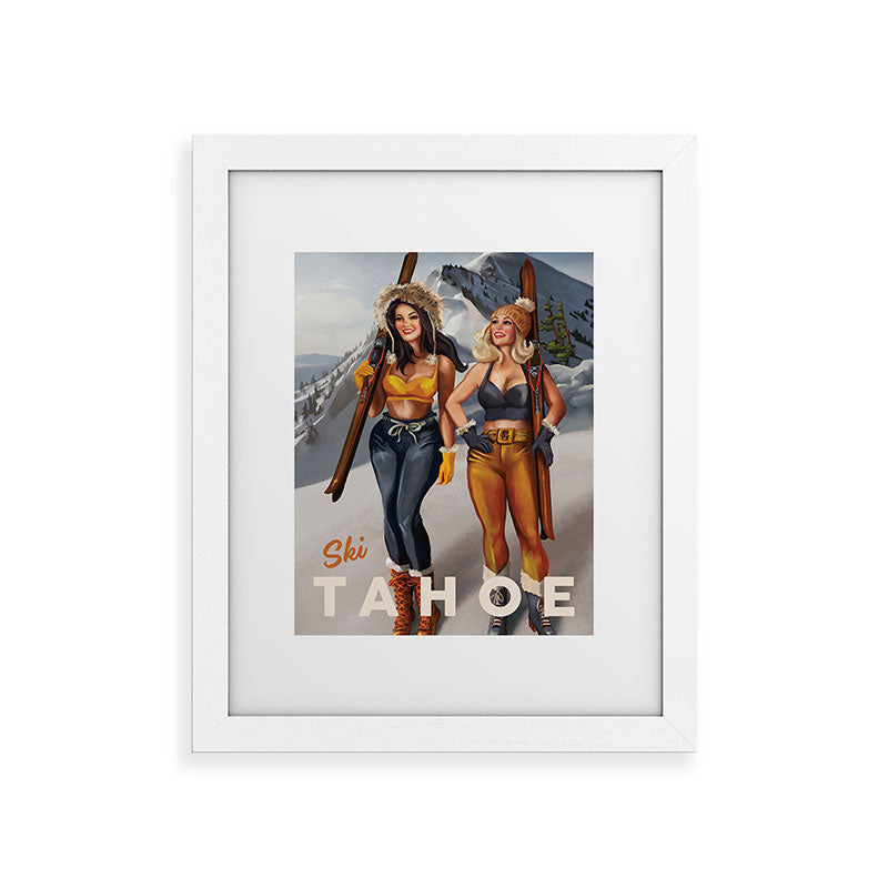 "Ski Tahoe" Cute Pinup Girls Skiing Wall Art Framed Art Print