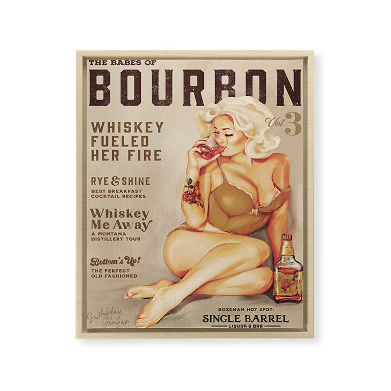 "The Babes Of Bourbon" Cute Vintage Blonde Pinup Girl In Lingerie Drinking Whiskey Framed Canvas Print