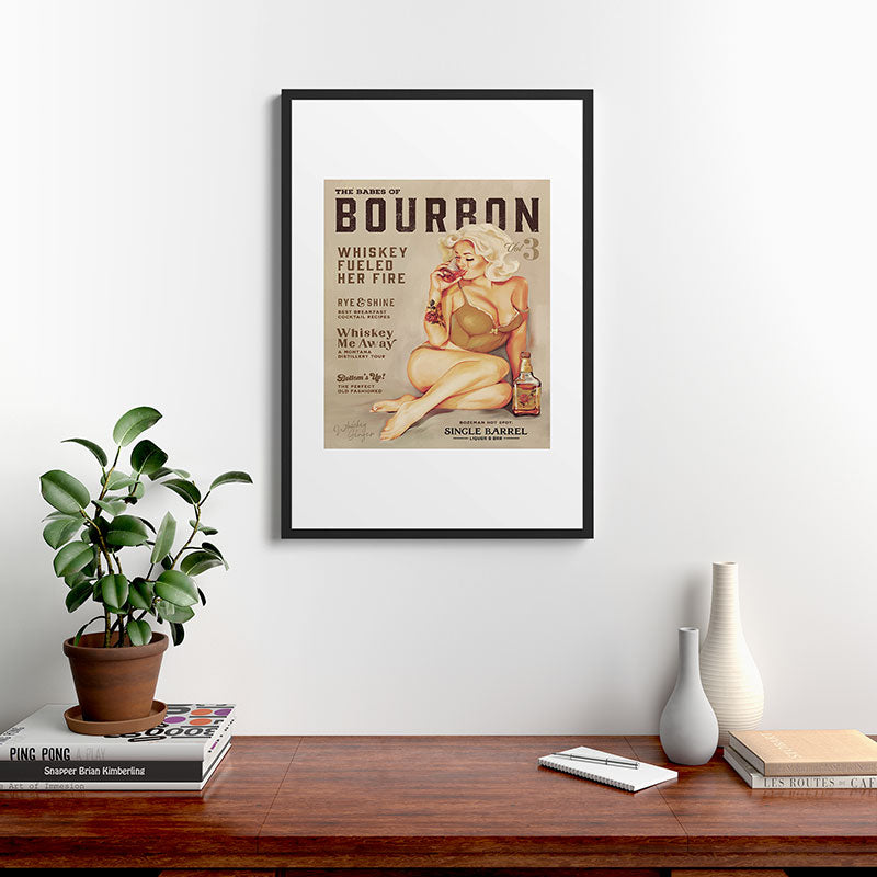 "The Babes Of Bourbon" Cute Vintage Blonde Pinup Girl In Lingerie Drinking Whiskey Framed Art Print