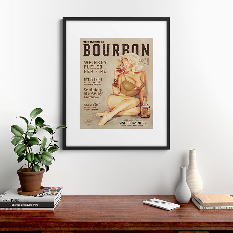 "The Babes Of Bourbon" Cute Vintage Blonde Pinup Girl In Lingerie Drinking Whiskey Framed Art Print