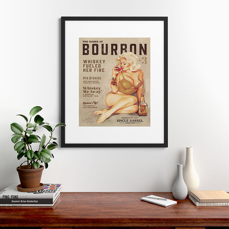 "The Babes Of Bourbon" Cute Vintage Blonde Pinup Girl In Lingerie Drinking Whiskey Framed Art Print