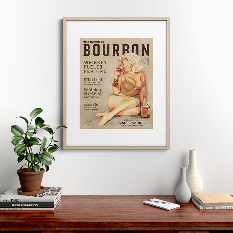 "The Babes Of Bourbon" Cute Vintage Blonde Pinup Girl In Lingerie Drinking Whiskey Framed Art Print