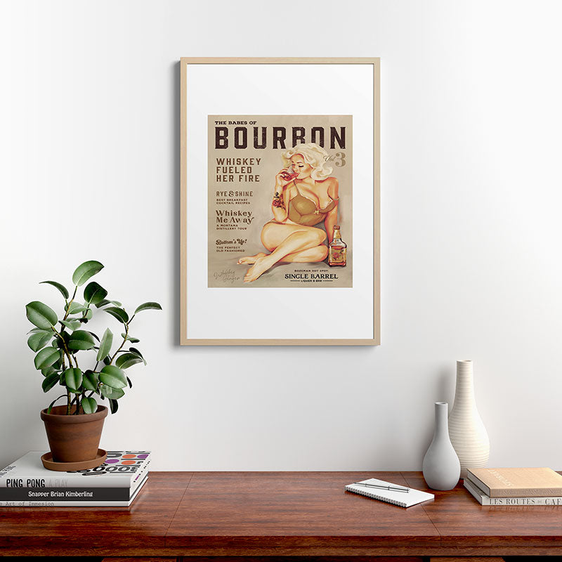 "The Babes Of Bourbon" Cute Vintage Blonde Pinup Girl In Lingerie Drinking Whiskey Framed Art Print