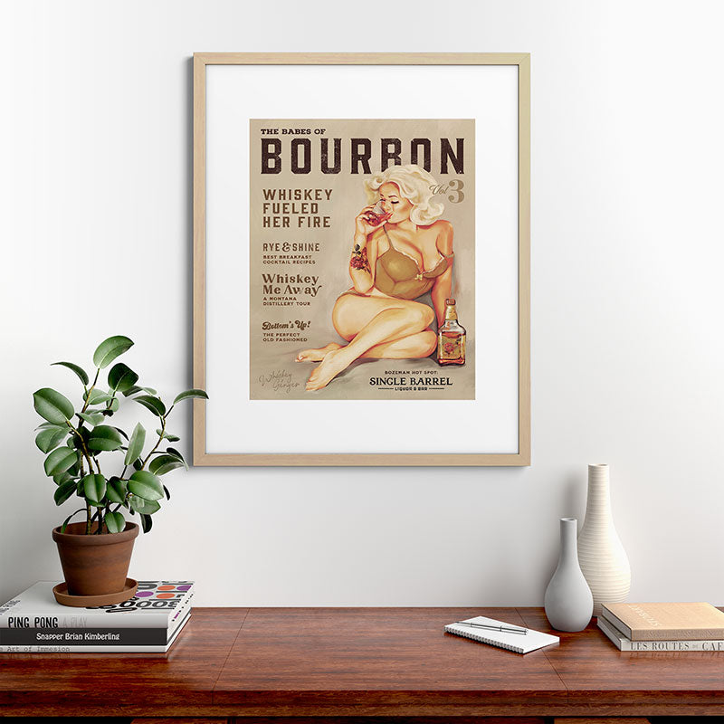 "The Babes Of Bourbon" Cute Vintage Blonde Pinup Girl In Lingerie Drinking Whiskey Framed Art Print