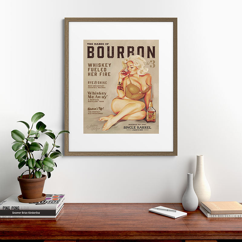 "The Babes Of Bourbon" Cute Vintage Blonde Pinup Girl In Lingerie Drinking Whiskey Framed Art Print