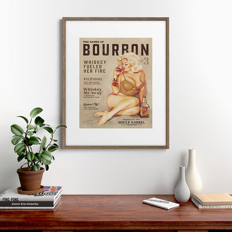 "The Babes Of Bourbon" Cute Vintage Blonde Pinup Girl In Lingerie Drinking Whiskey Framed Art Print