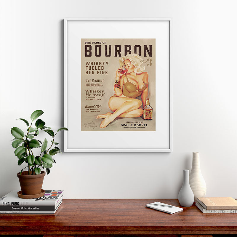 "The Babes Of Bourbon" Cute Vintage Blonde Pinup Girl In Lingerie Drinking Whiskey Framed Art Print