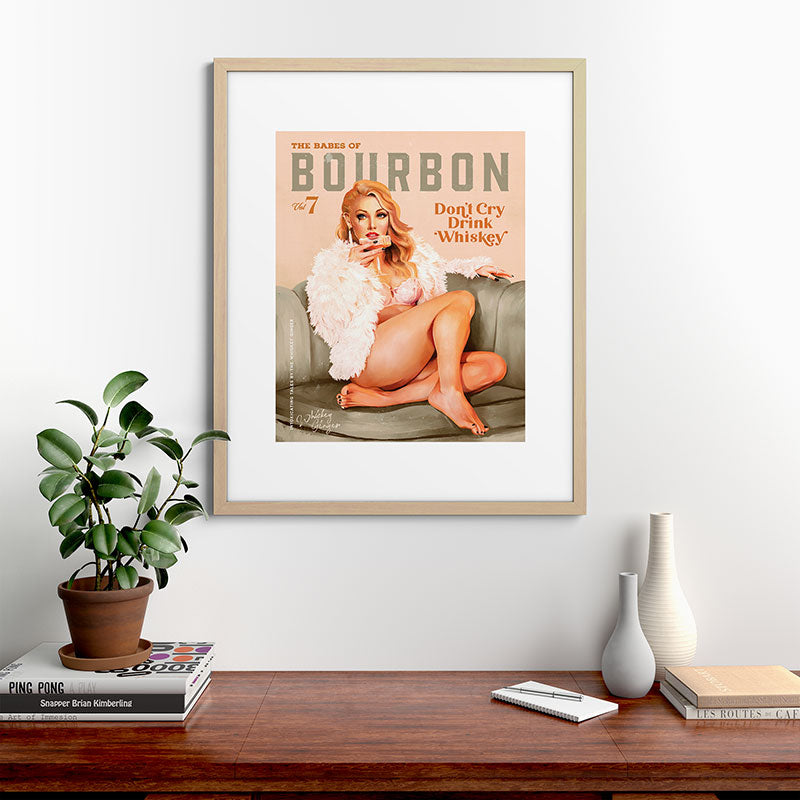 "The Babes Of Bourbon: Don't Cry, Drink Whiskey" Sexy Blonde Pinup Girl Vintage Art Framed Art Print