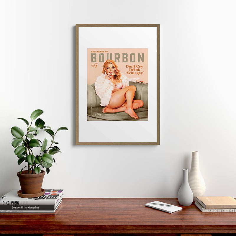 "The Babes Of Bourbon: Don't Cry, Drink Whiskey" Sexy Blonde Pinup Girl Vintage Art Framed Art Print