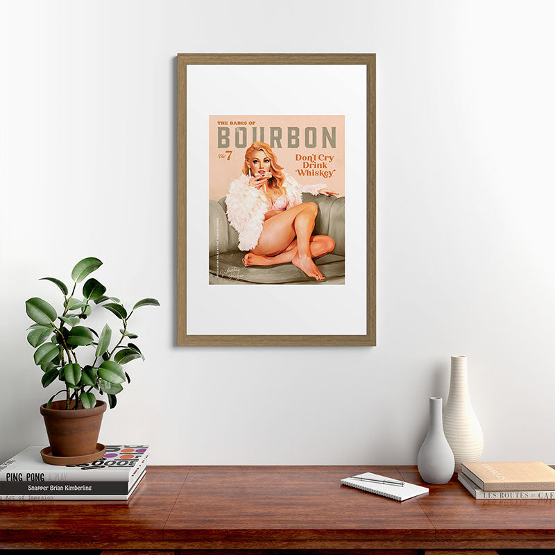 "The Babes Of Bourbon: Don't Cry, Drink Whiskey" Sexy Blonde Pinup Girl Vintage Art Framed Art Print