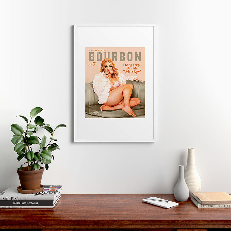 "The Babes Of Bourbon: Don't Cry, Drink Whiskey" Sexy Blonde Pinup Girl Vintage Art Framed Art Print