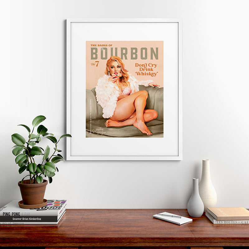 "The Babes Of Bourbon: Don't Cry, Drink Whiskey" Sexy Blonde Pinup Girl Vintage Art Framed Art Print