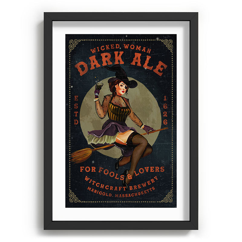 "Wicked Woman Dark Ale" Vintage Pinup Witch Halloween Art Framed Art Print