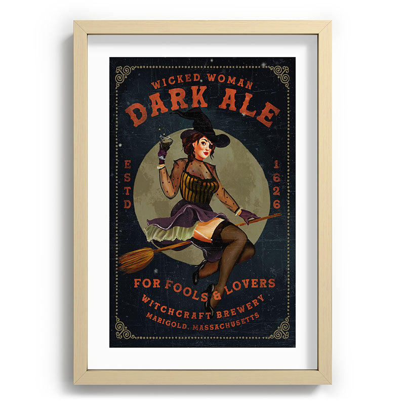 "Wicked Woman Dark Ale" Vintage Pinup Witch Halloween Art Framed Art Print