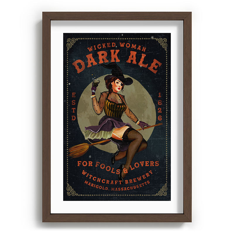 "Wicked Woman Dark Ale" Vintage Pinup Witch Halloween Art Framed Art Print