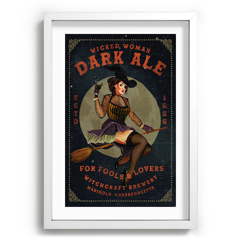 "Wicked Woman Dark Ale" Vintage Pinup Witch Halloween Art Framed Art Print