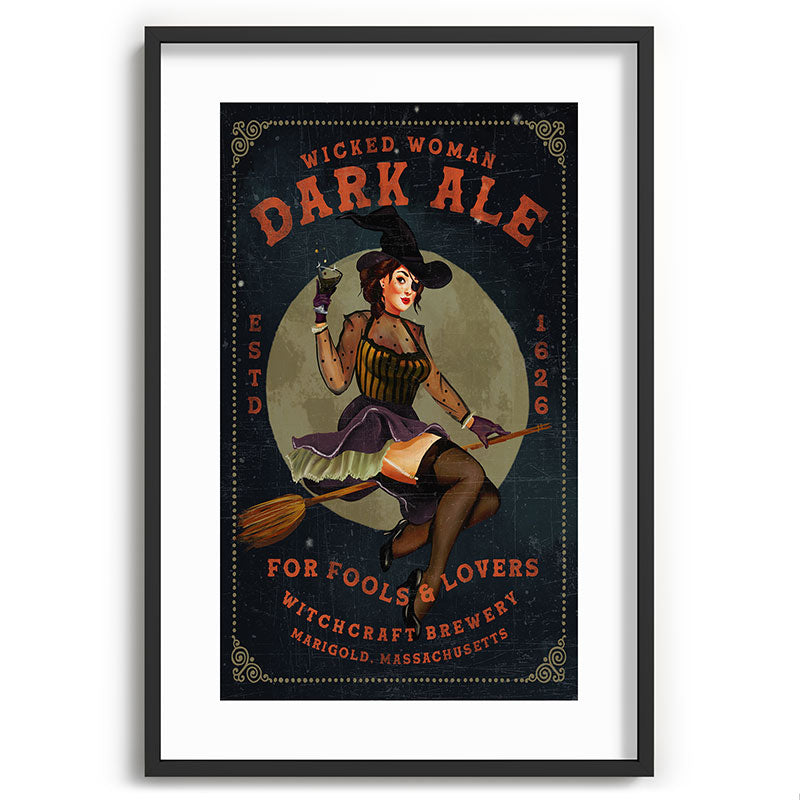 "Wicked Woman Dark Ale" Vintage Pinup Witch Halloween Art Framed Art Print
